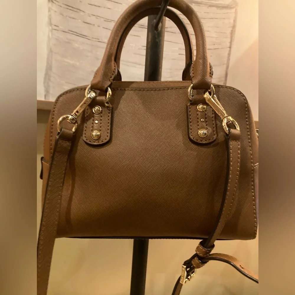 Michael Kors Saffiano Leather Large Satchel Crossbody Bag Logo Charm Caramel 398